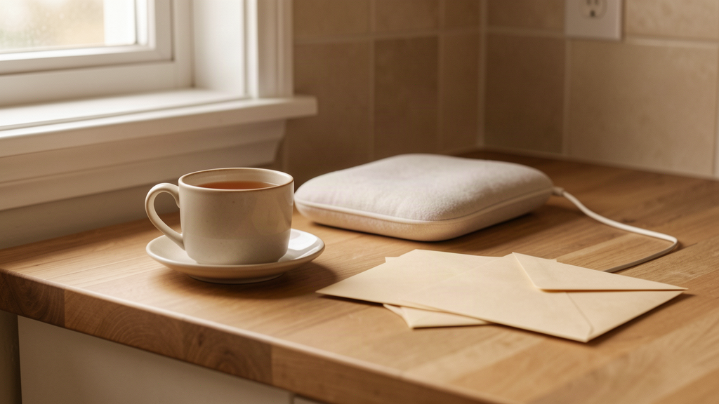 Warm scene with a cup of tea, heating pad, and envelopes on a kitchen counter