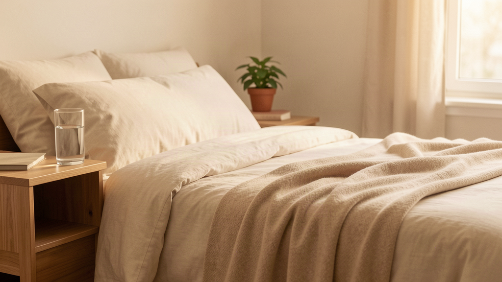 Calm resting space prepared for what to expect after abortion pills: bed, water glass, and heating pad in soft light